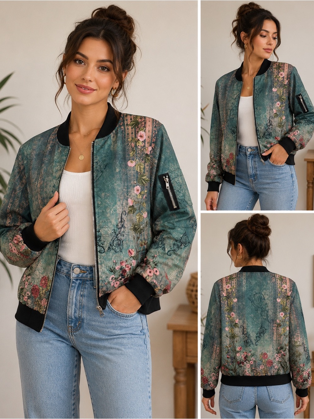Zeagoo Floral Bomber Jacket Women’s Medium Teal Pink Boho Zip Front Lightweight